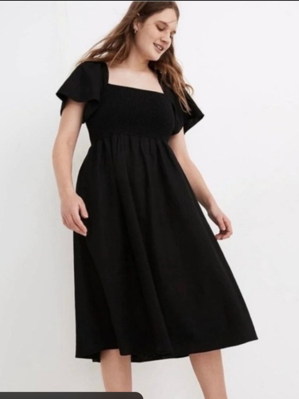 Madewell Lucie Black Smocked Linen Blend Midi Dress 1X